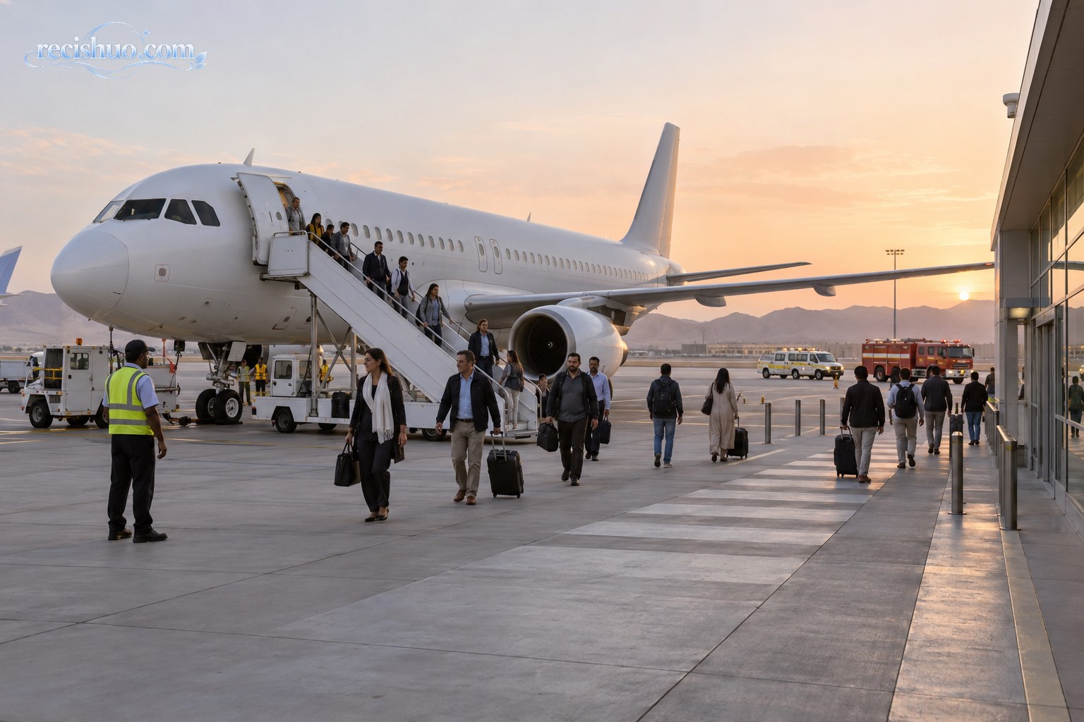一架无航空公司标识的客机安全停靠机场后乘客有序离机