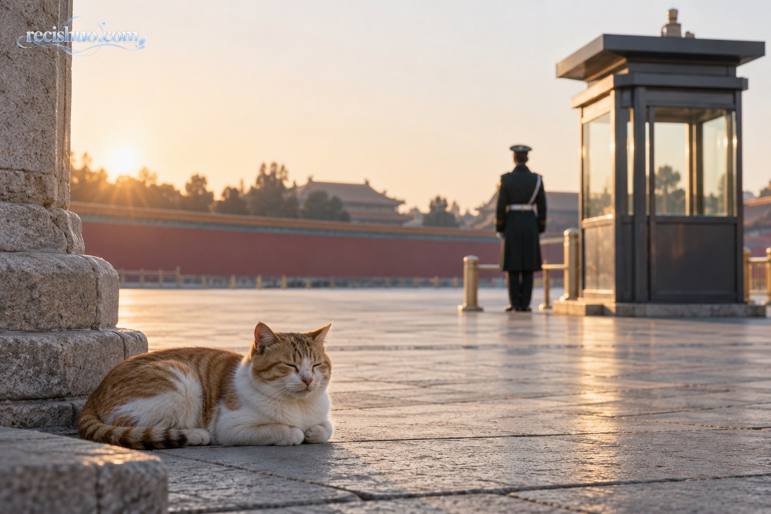 清晨公共空间里一只小猫安静趴卧,远处可见执勤人员模糊背影