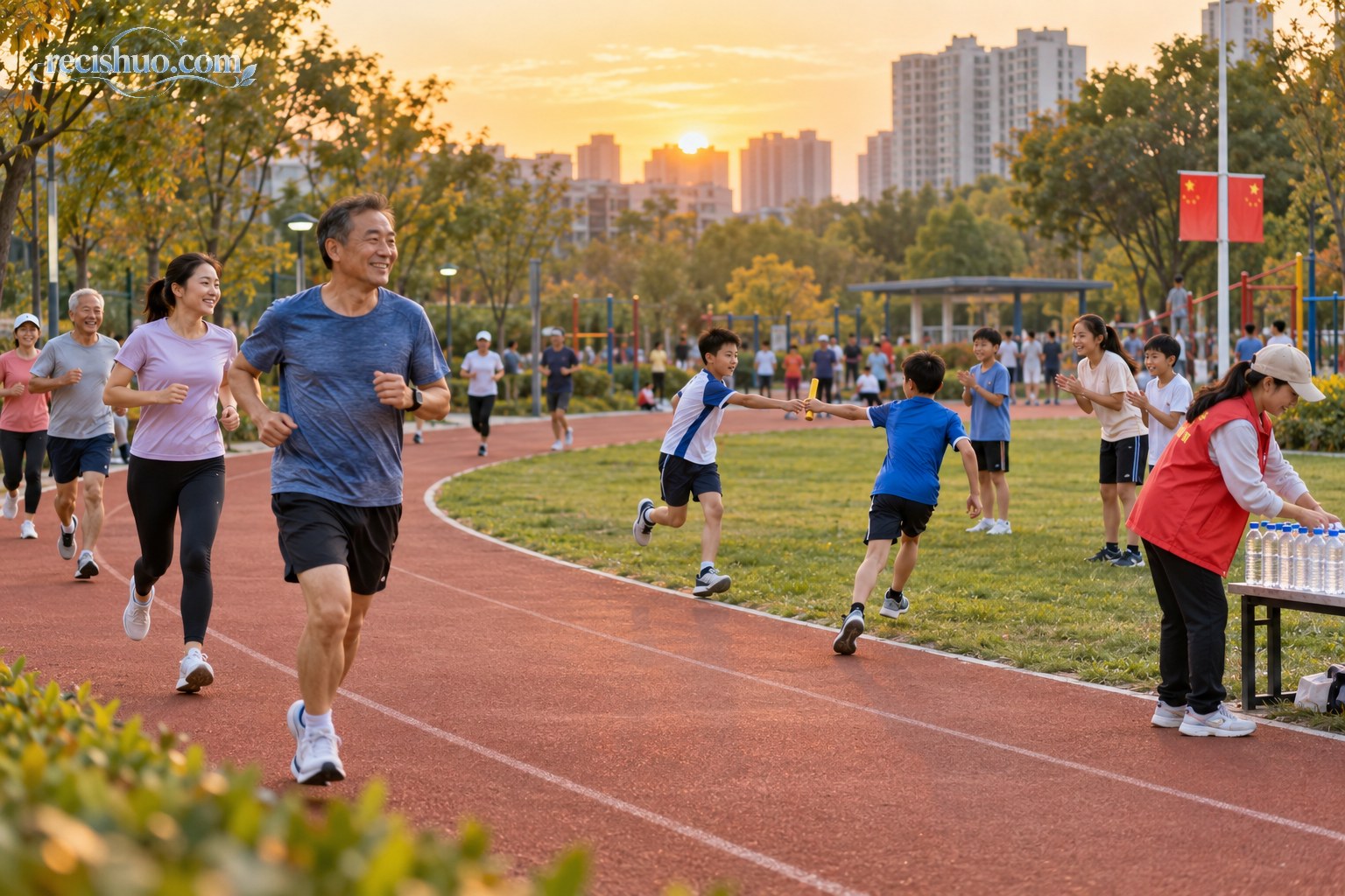 秋日社区体育公园中,居民慢跑、青少年练习接力,志愿者在场边提供饮水
