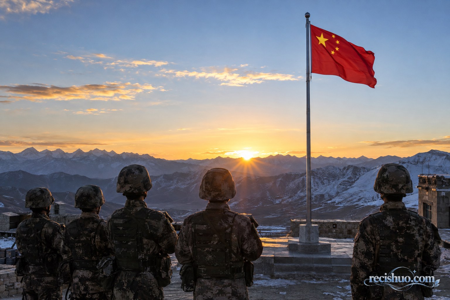 晨曦照亮雪山边防营区,官兵整齐肃立注视五星红旗升起