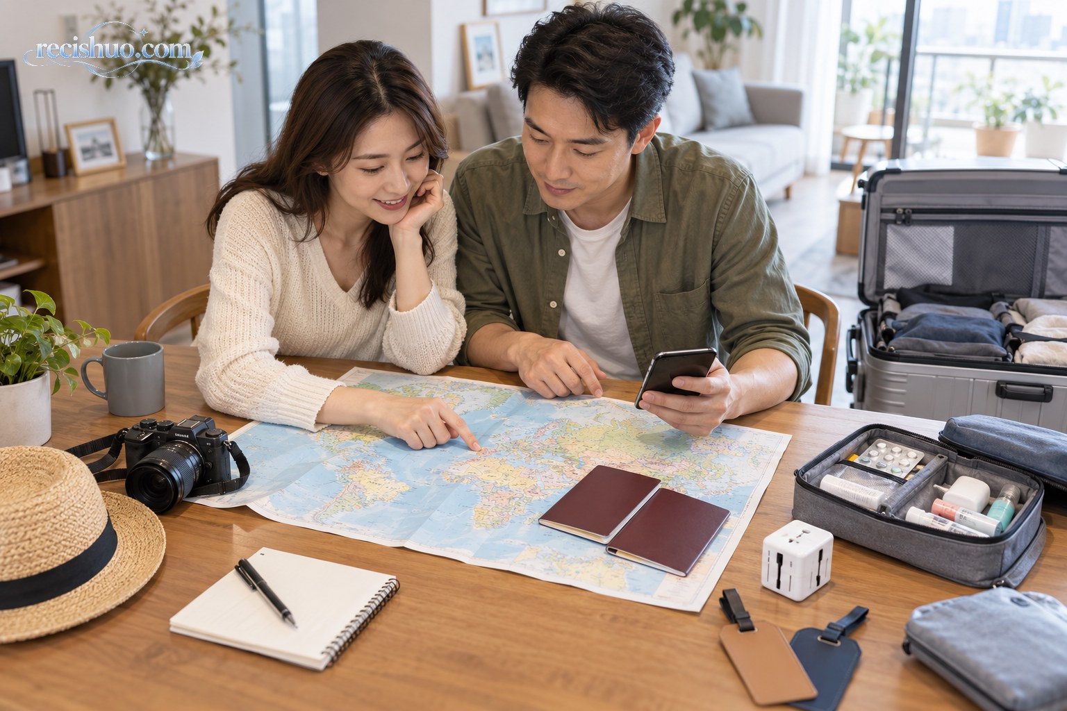 准备出境旅行的游客在家中查看地图并整理证件、药品和转换插头