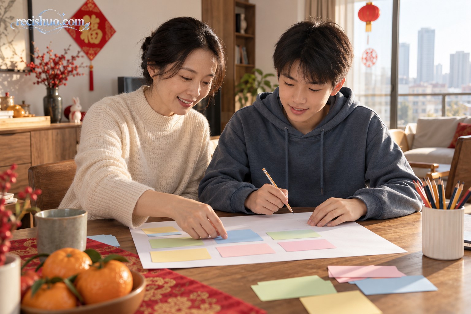 家长与孩子在假日午后共同商量学习和休息安排