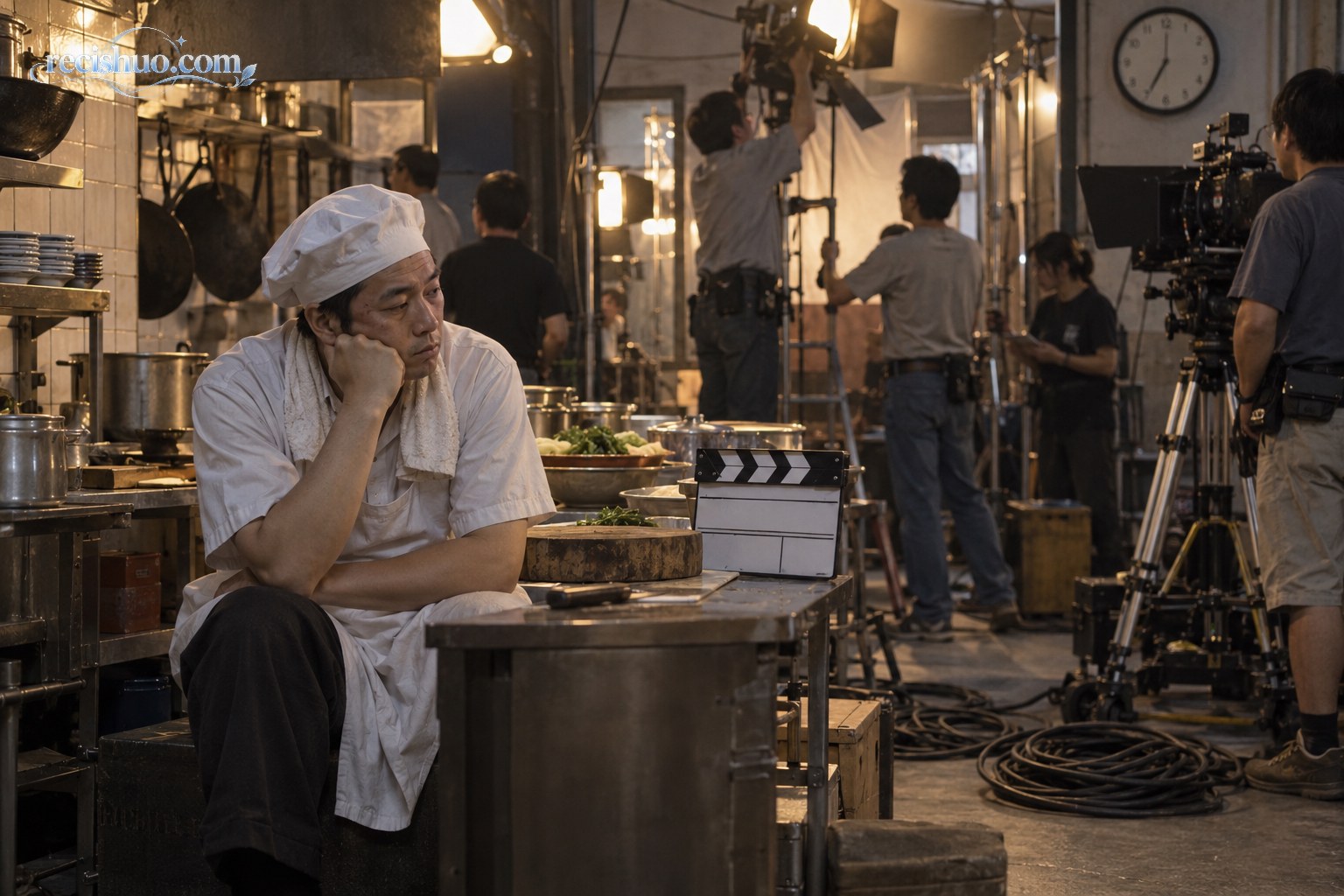 厨房片场内，一名厨师角色演员坐在场边等待工作人员重新布置灯光和摄影设备