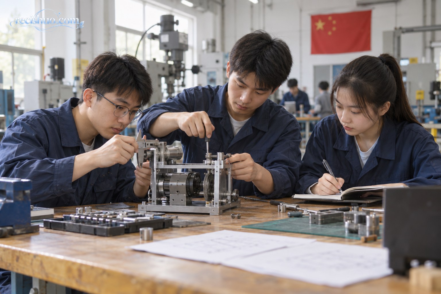 青年学生在工程实训室协作测量并调试机械装置