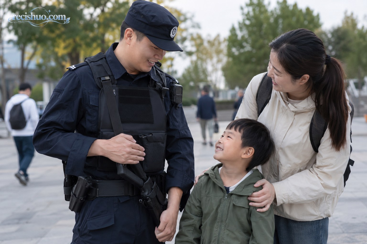 执勤人员与儿童合影时用手遮挡随身装备朝向,家长在旁照看