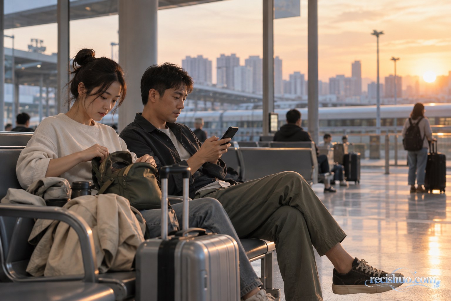 夕阳下两位旅客携带行李在交通站点从容候车