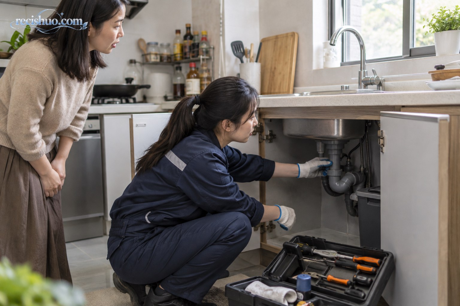 女性维修工在住户陪同下检查厨房水槽管路