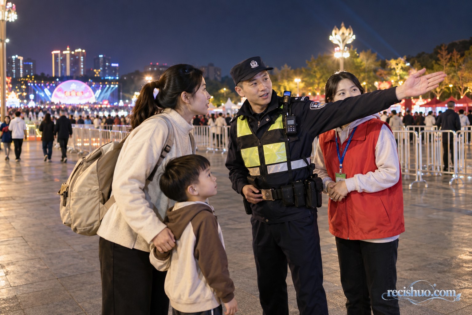 大型群众活动现场,警务人员和志愿者为带孩子的家庭指引方向