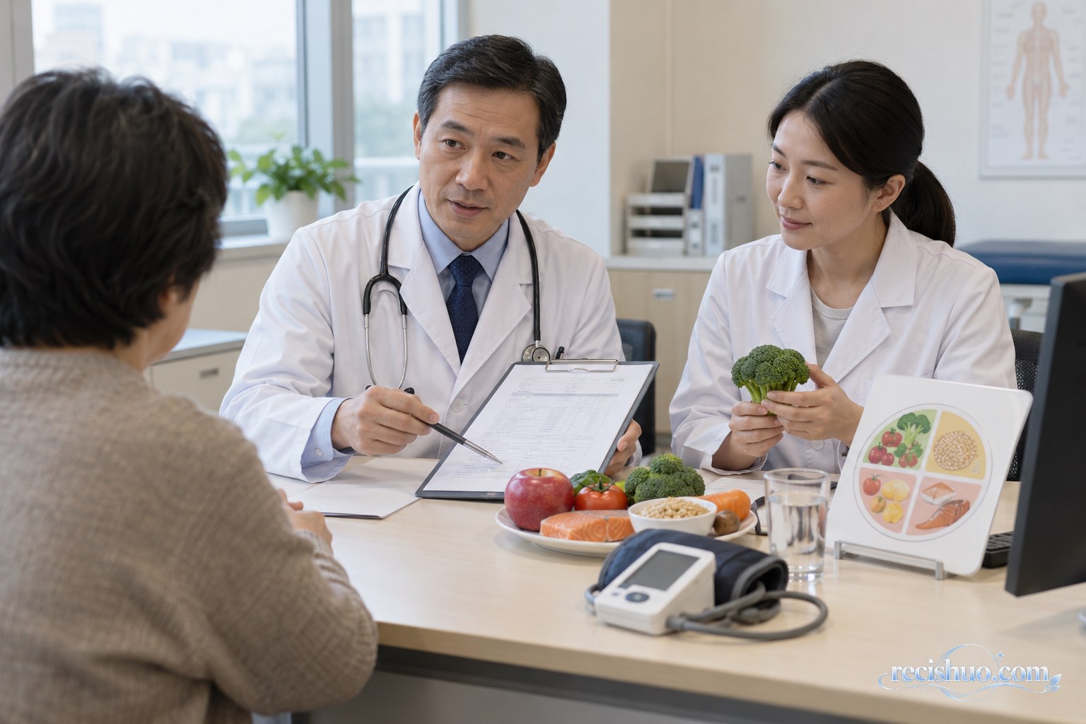 医生与临床营养师在门诊共同为患者评估饮食干预方案