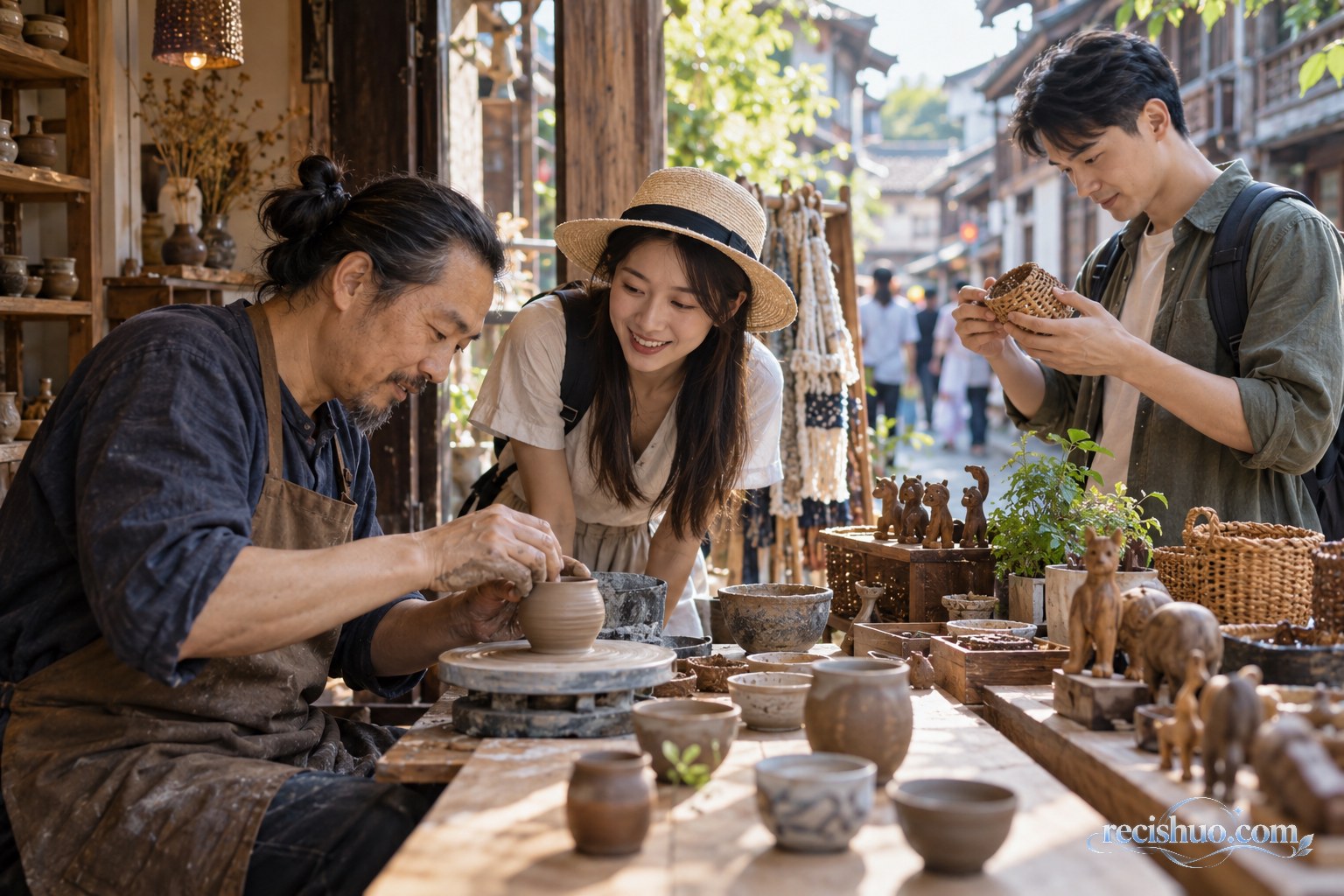 游客在传统街区观看手艺人制作陶器并挑选手工纪念品