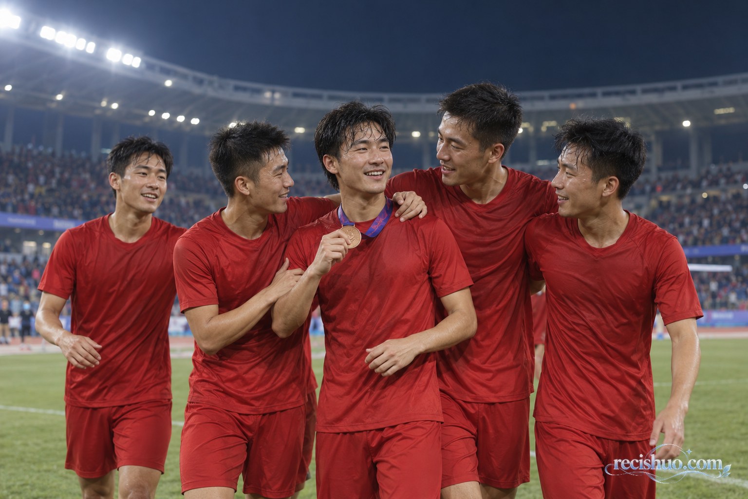 身穿红色球衣的中国男子足球运动员在球场上共同庆祝铜牌荣誉