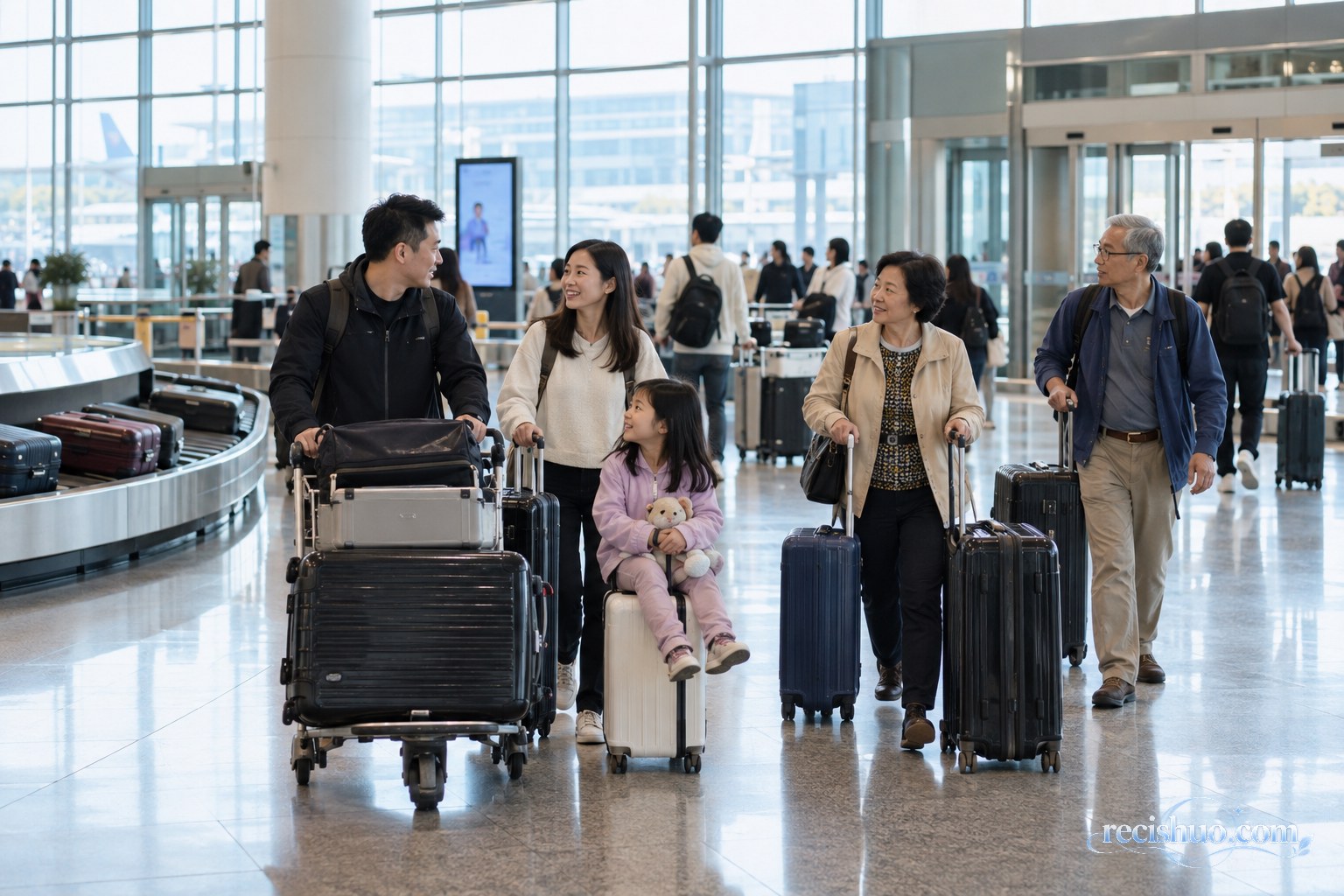 中国游客携带行李抵达国际机场到达大厅