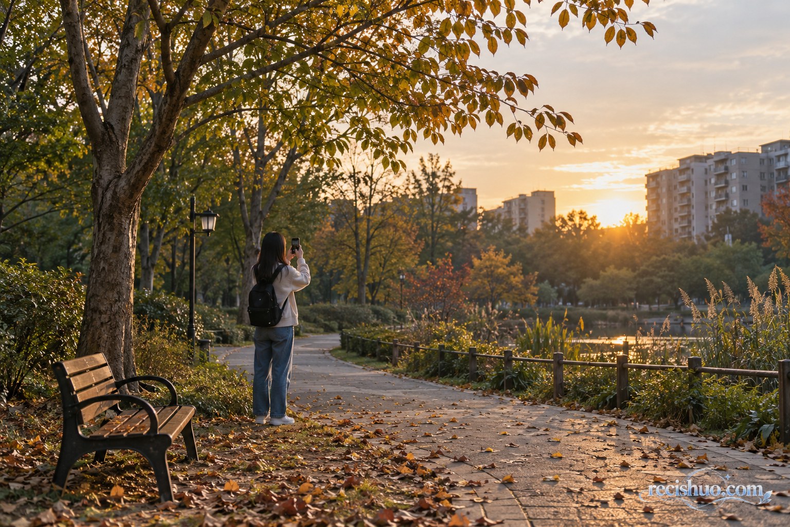 年轻人在秋日傍晚的社区公园用手机拍摄落叶与夕阳