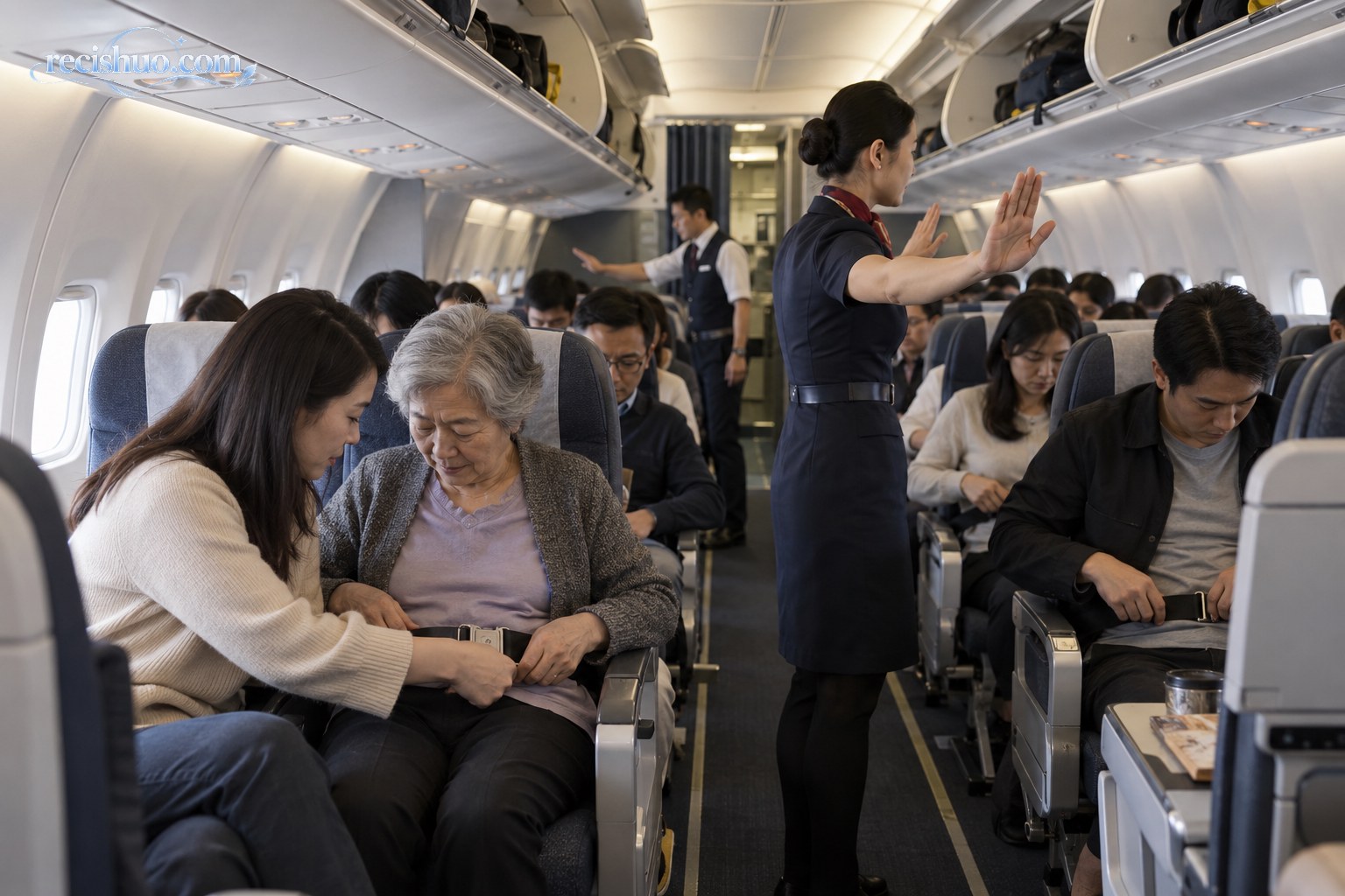 飞机客舱内乘务员维持秩序并有乘客帮助老人系好安全带