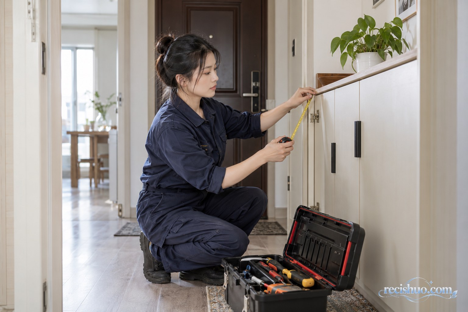 年轻女性维修工在住宅玄关测量柜体并准备工具
