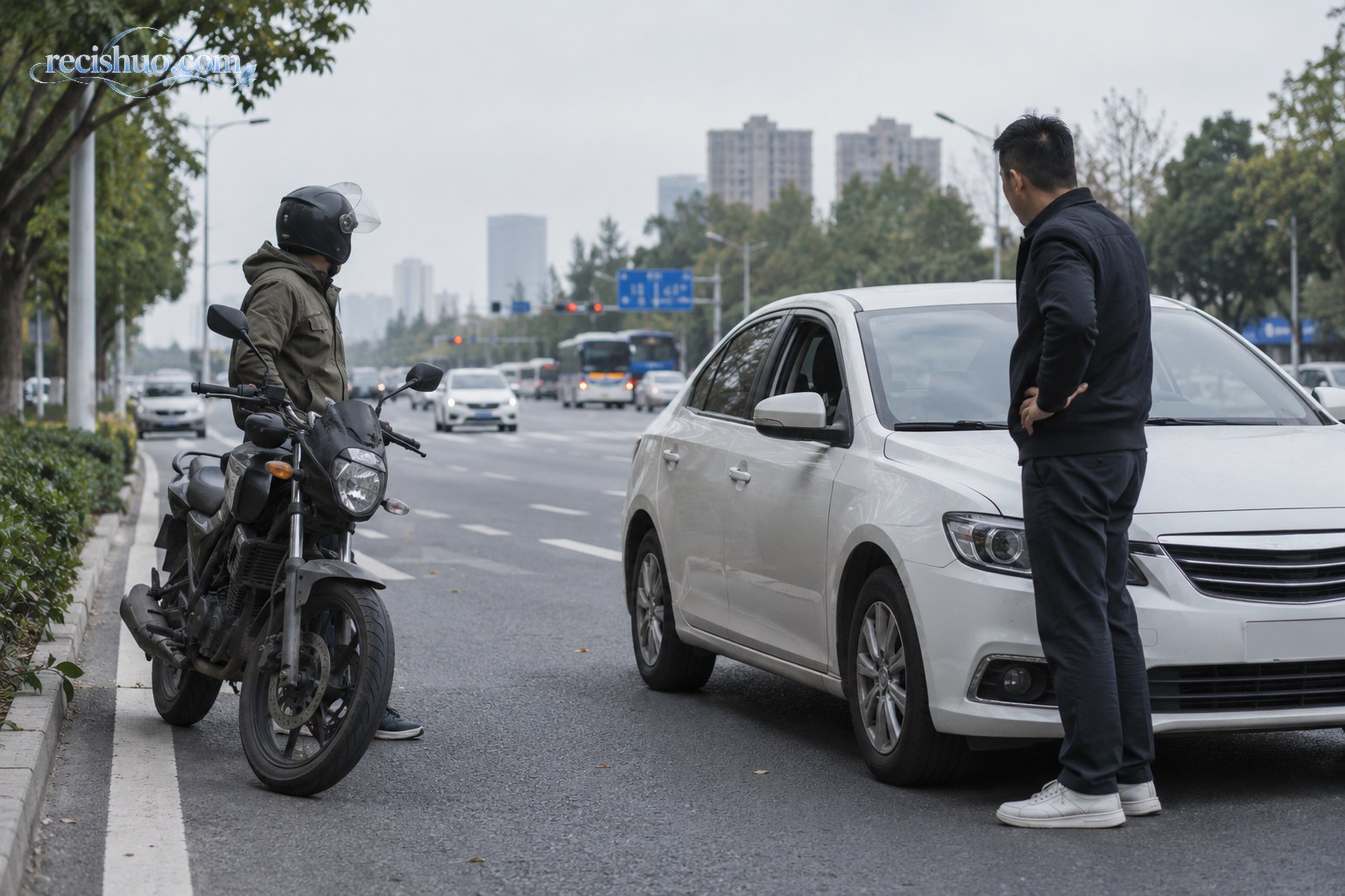 城市道路旁停放的摩托车与轿车及保持距离的两名驾驶人