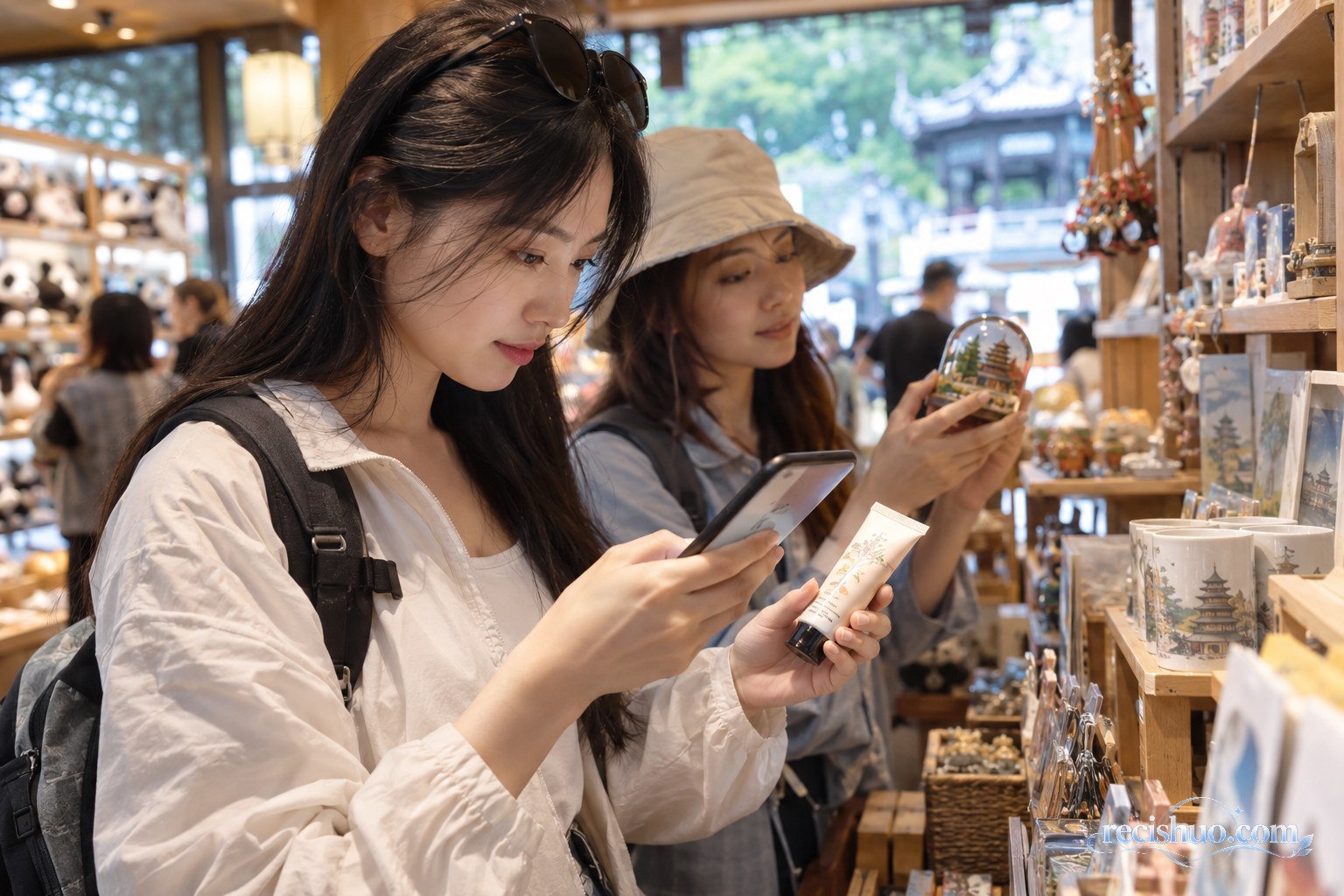 年轻游客一边查看手机一边比较景区商店里的纪念商品