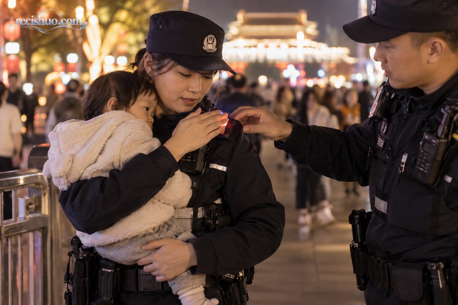 执勤女警抱着幼儿并用手遮挡肩灯,同事在旁协助关闭设备