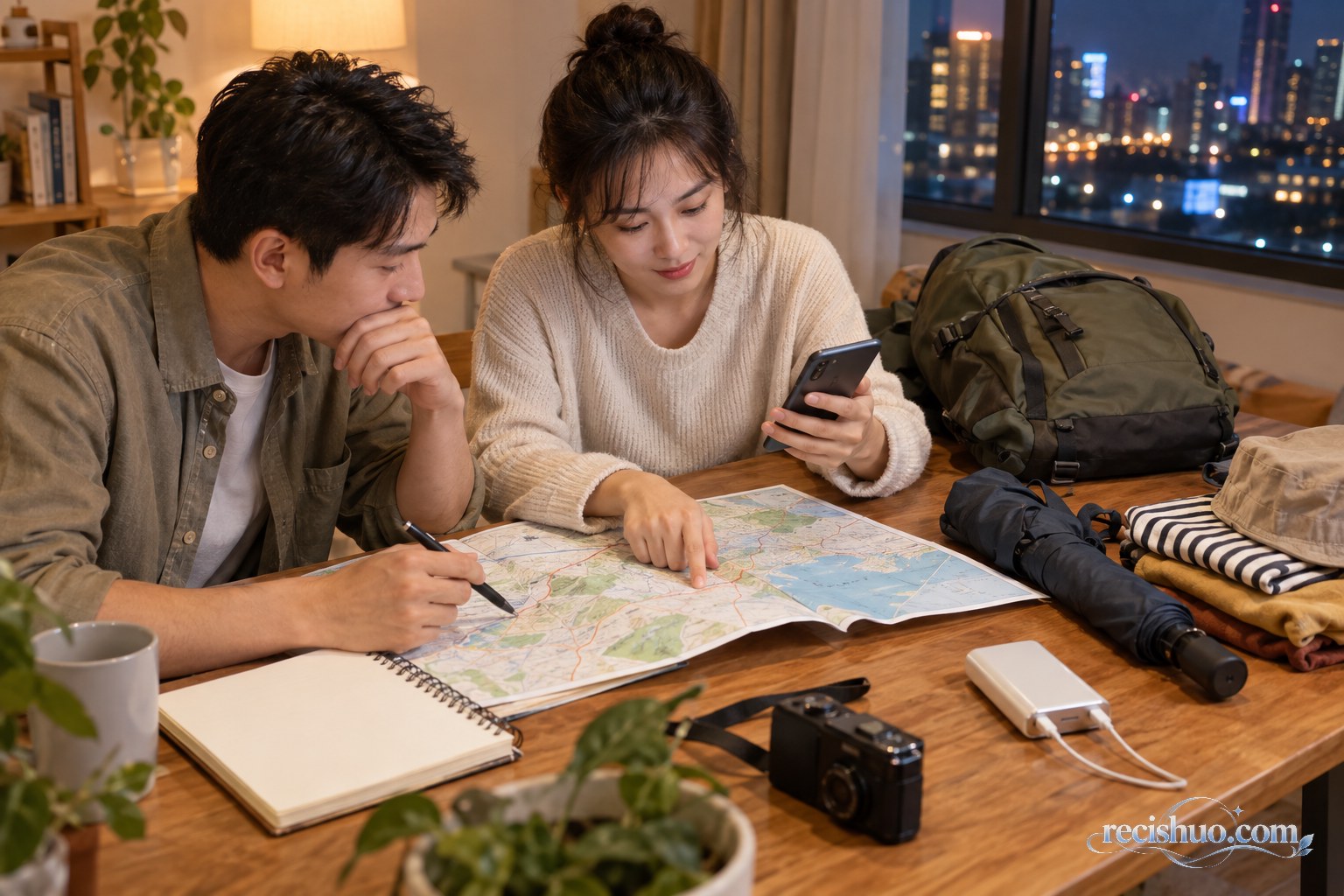 两位旅客在家中借助地图和手机规划短途假期