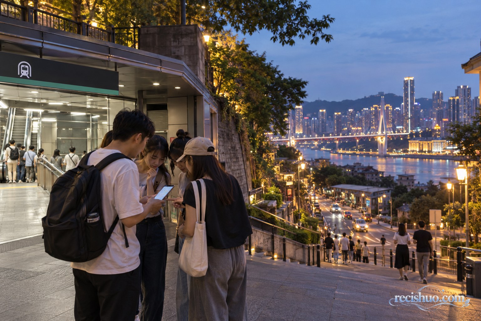 游客在重庆轨道交通站外查看手机地图并商量夜游路线