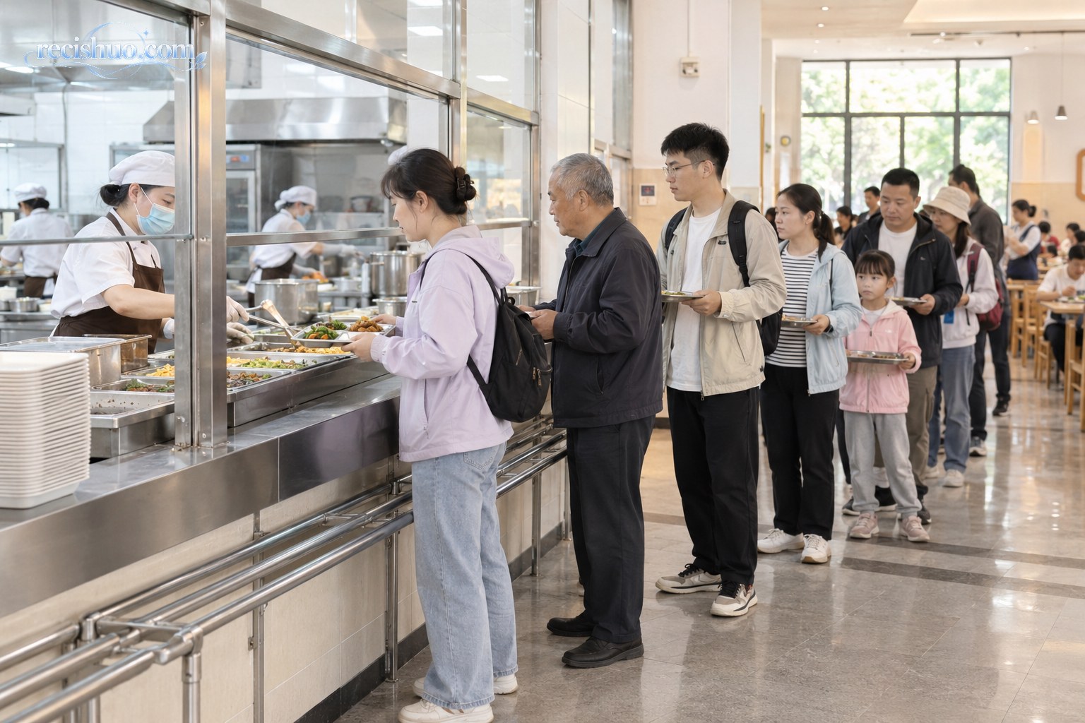不同年龄的游客手持餐盘在公共食堂取餐窗口前依次排队