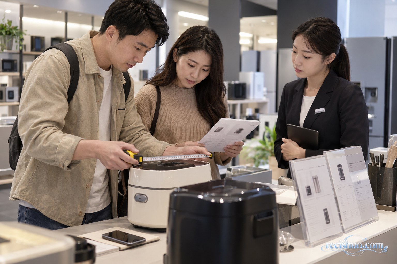 家电卖场内,消费者测量产品尺寸并对照资料进行选购