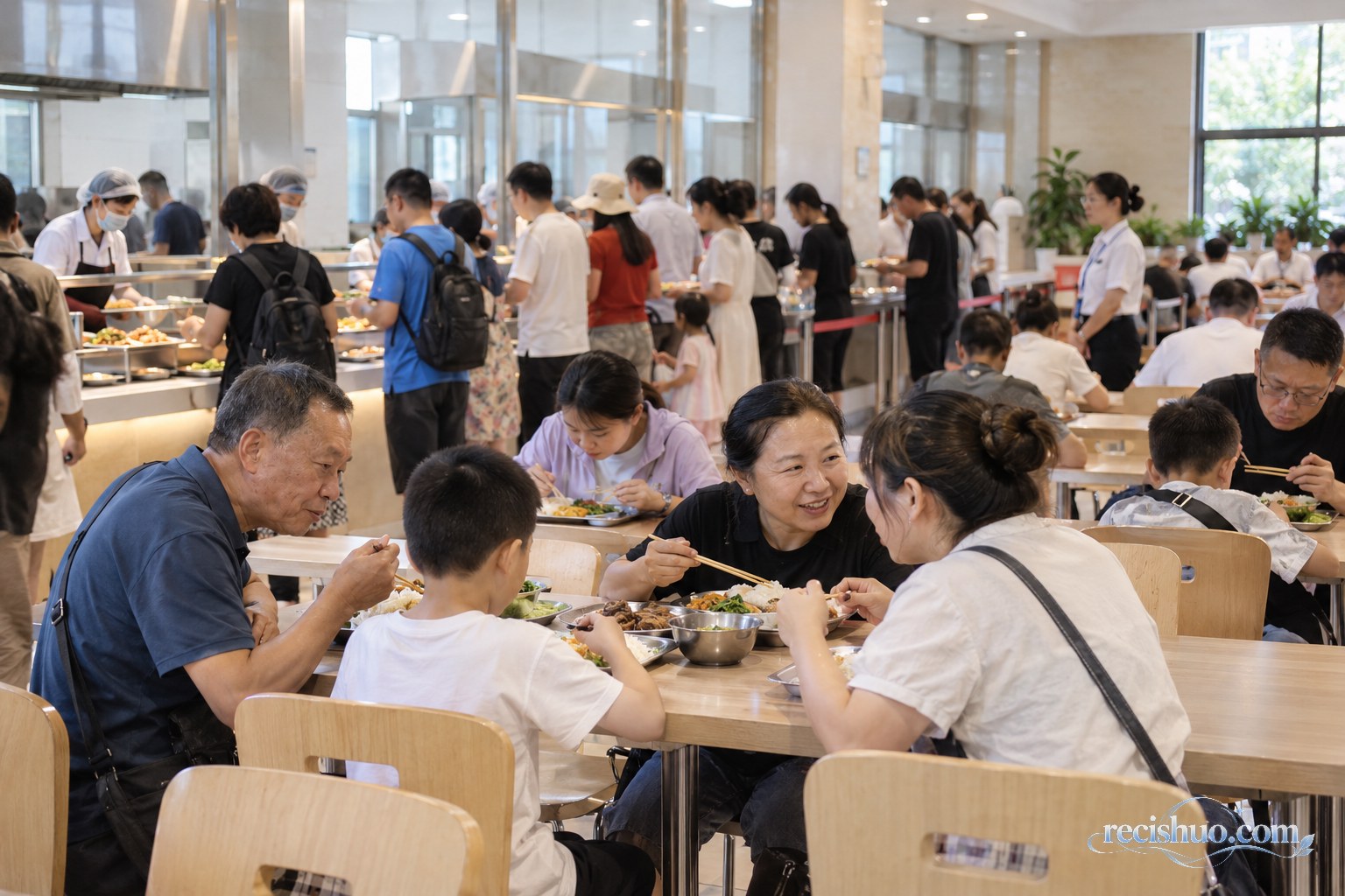 国庆假日期间游客在明亮整洁的公共食堂内有序取餐和用餐
