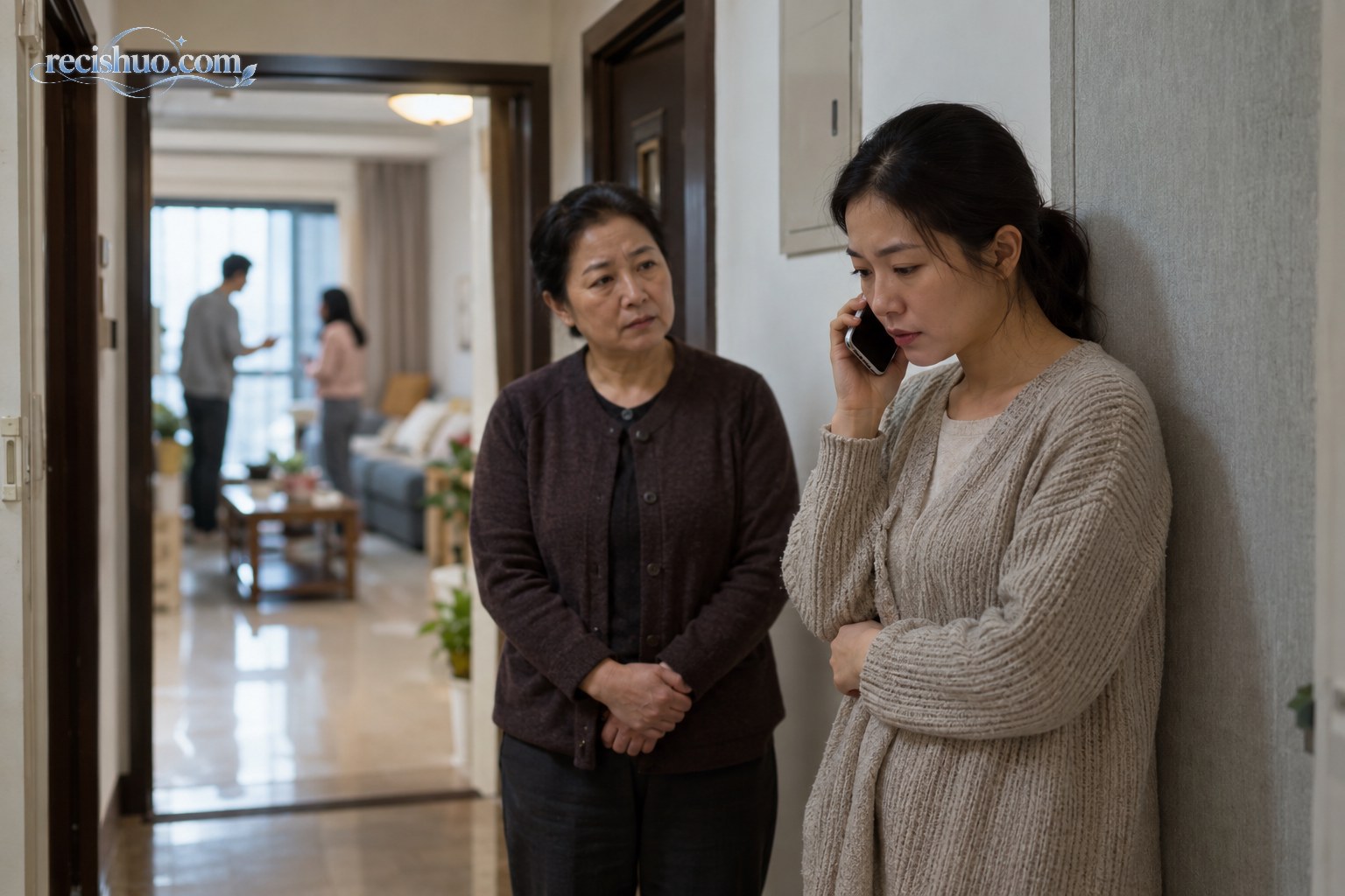 发生家庭冲突后，一名成年女性离开房间并用手机联系可信赖的人求助