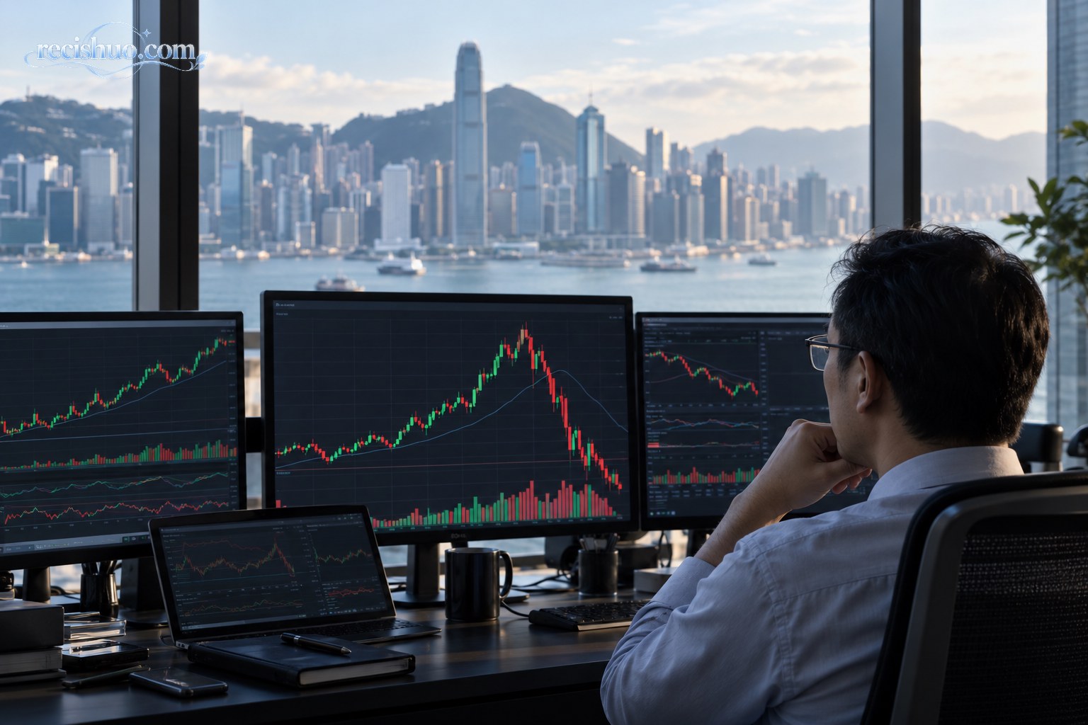 香港金融区背景下,投资者冷静观察屏幕上先升后落的市场走势