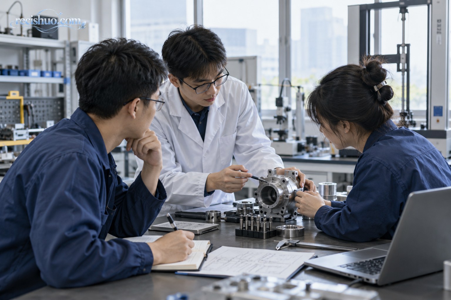 青年科研与工程人员在实验室围绕机械样件协作研究