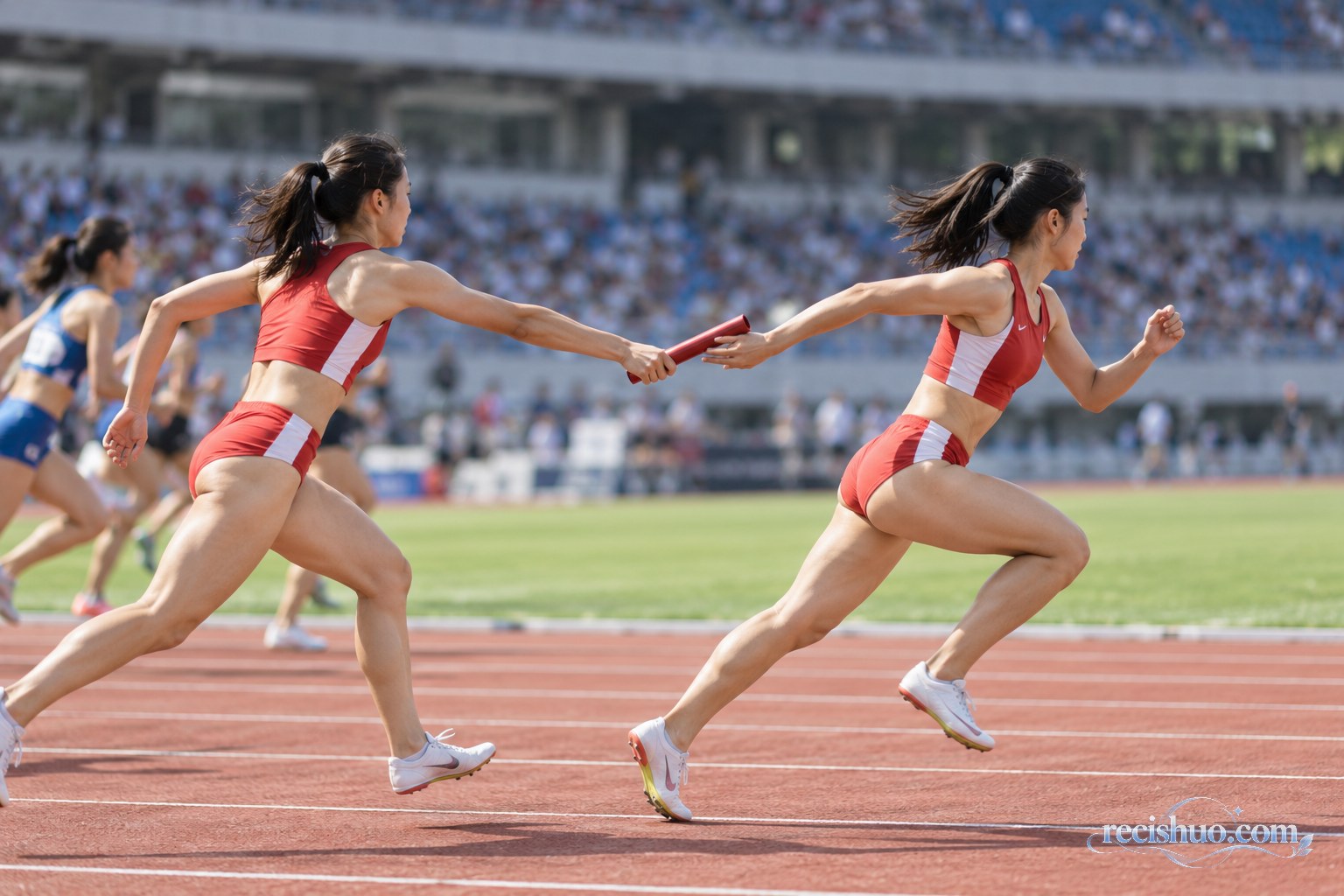 女子接力运动员在田径赛场完成交接棒并迅速加速