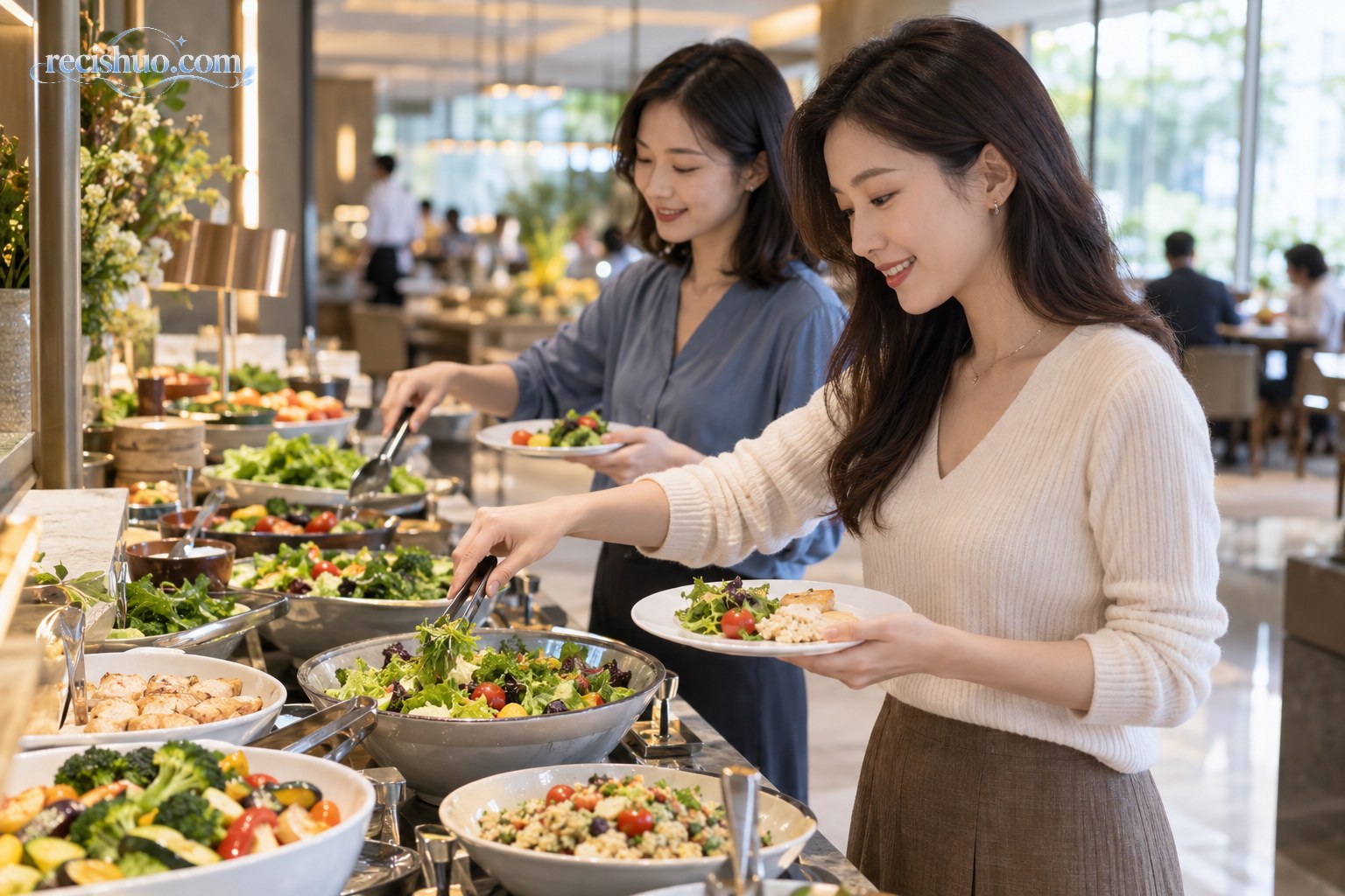 两名年轻女性在自助餐台使用小餐盘按需选择蔬菜和主食