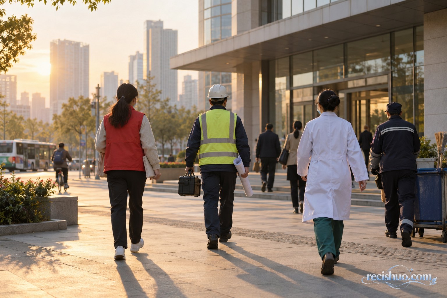 清晨城市街区中社区工作者、工程人员、医务工作者和环卫人员走向各自岗位