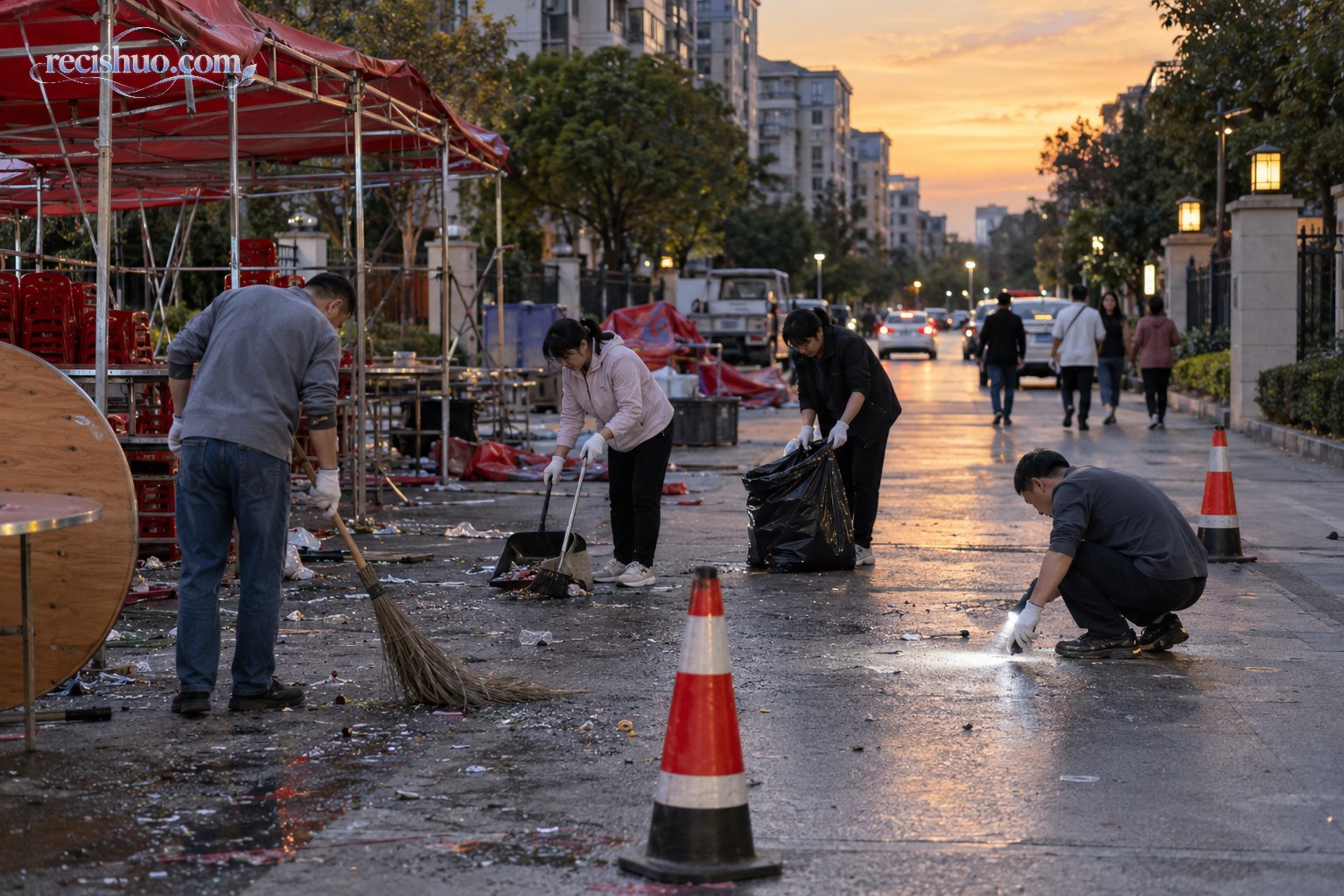 居民在黄昏时清扫宴席场地并检查路面遗留碎屑,逐步恢复道路通行