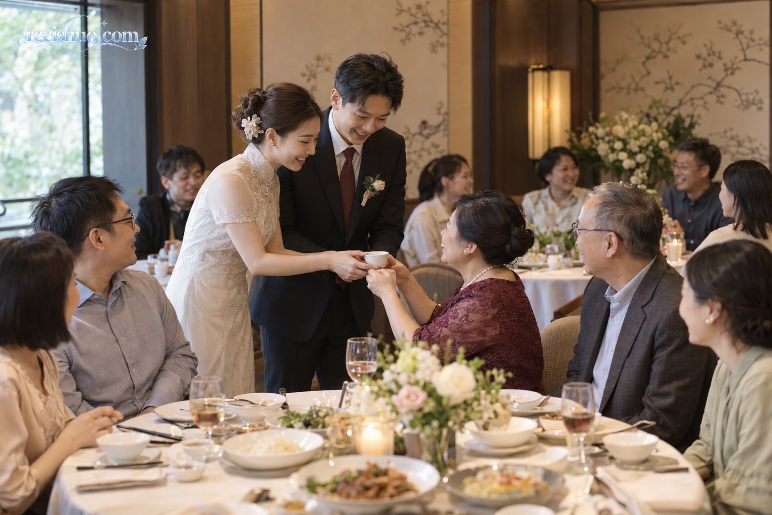 新人在小型婚宴上向长辈敬茶并与亲友相聚