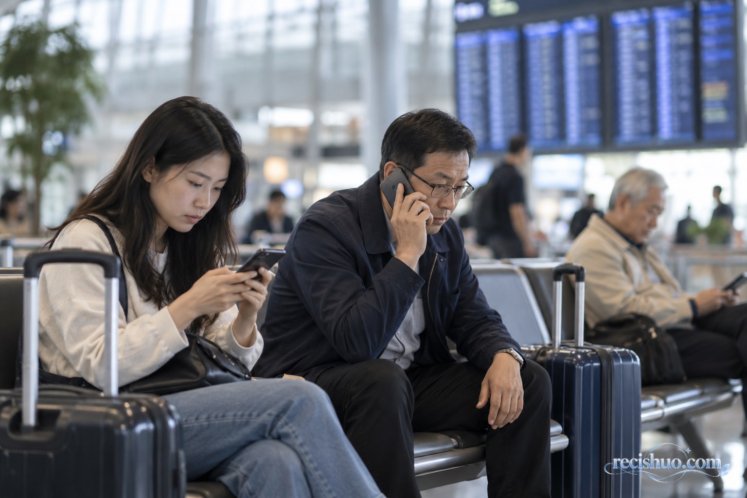 候机区旅客通过手机查询通知并与家人联系