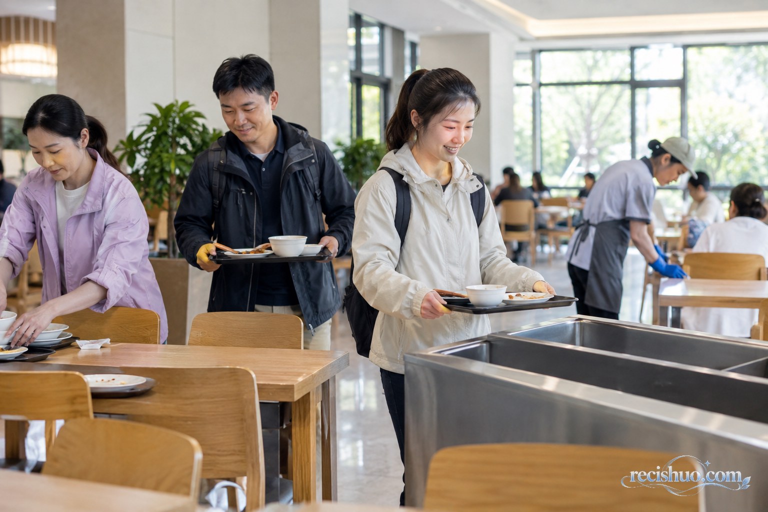 游客用餐结束后整理桌面并将餐盘送往回收区域