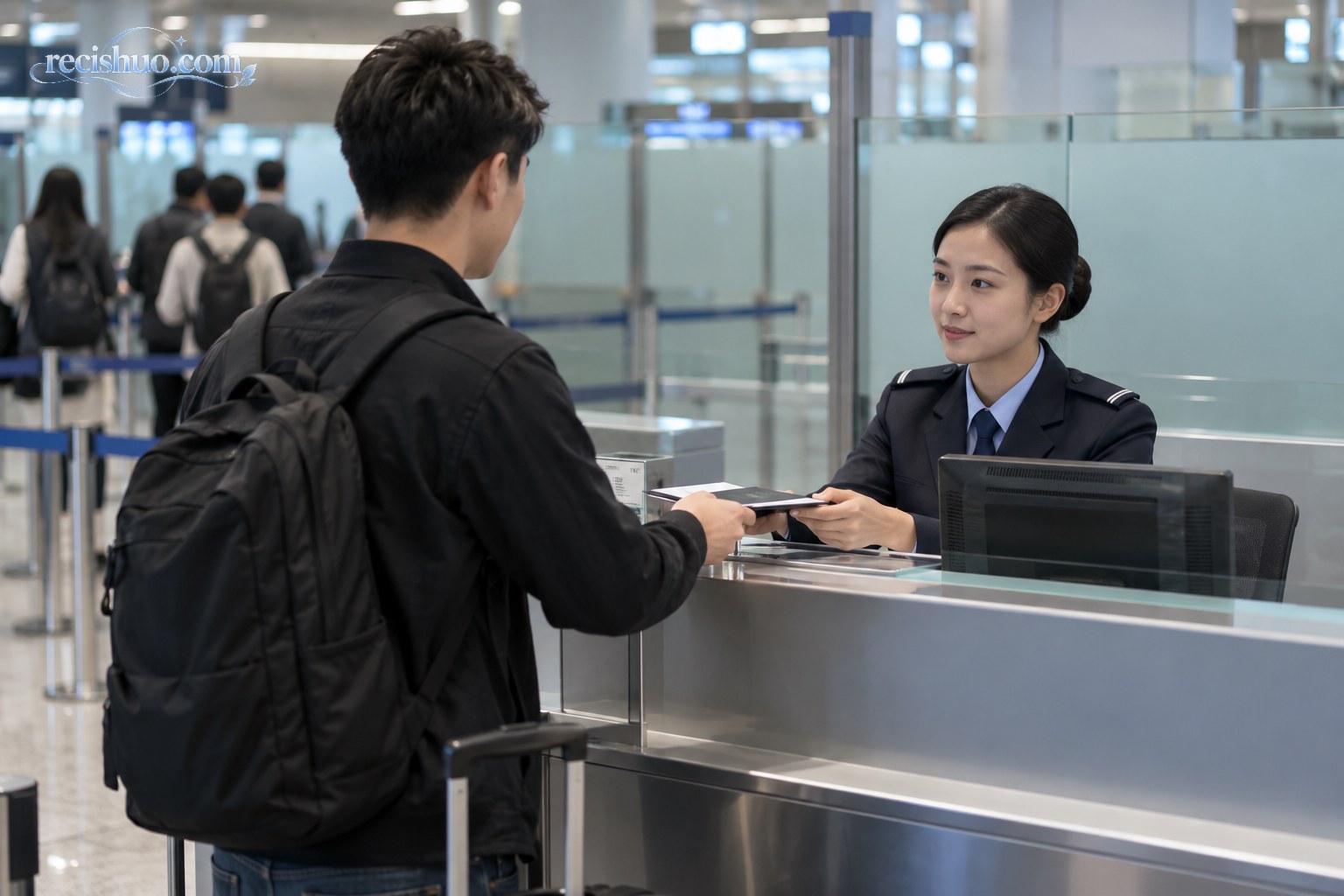 旅客在机场入境服务柜台平静递交证件