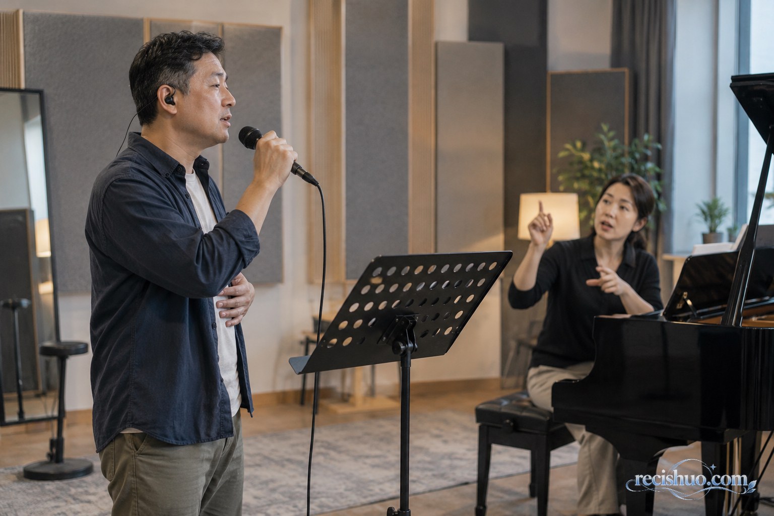 虚构中年男性学员在排练室接受声乐老师的音准指导