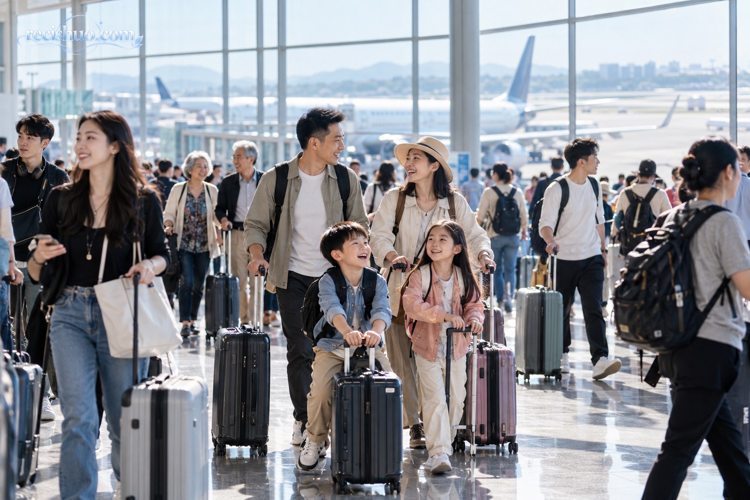 国庆假期里携带行李出发的中国游客穿行于国际机场航站楼
