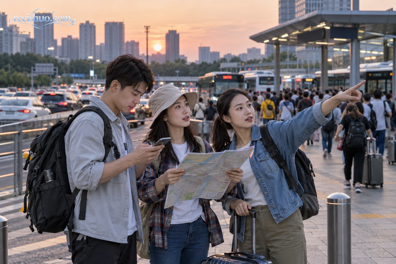 三名游客在交通枢纽附近结合手机、地图和现场客流调整行程
