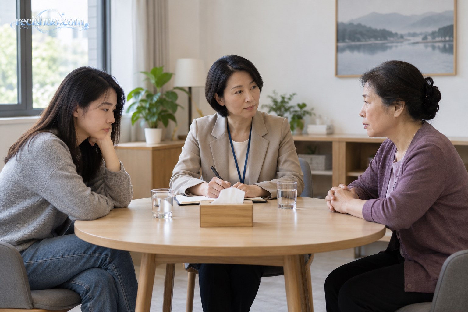 两名成年女性在调解人员陪同下进行平静的家庭矛盾沟通