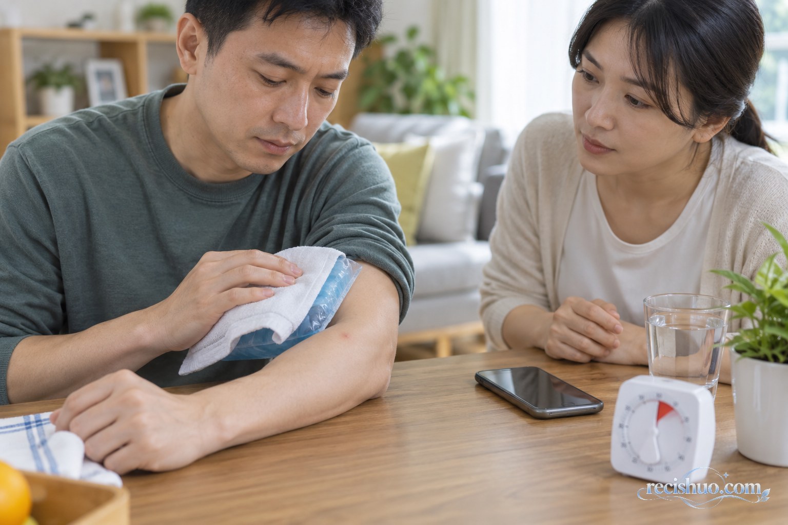 家人在明亮客厅观察蜂蜇部位并隔布进行冷敷