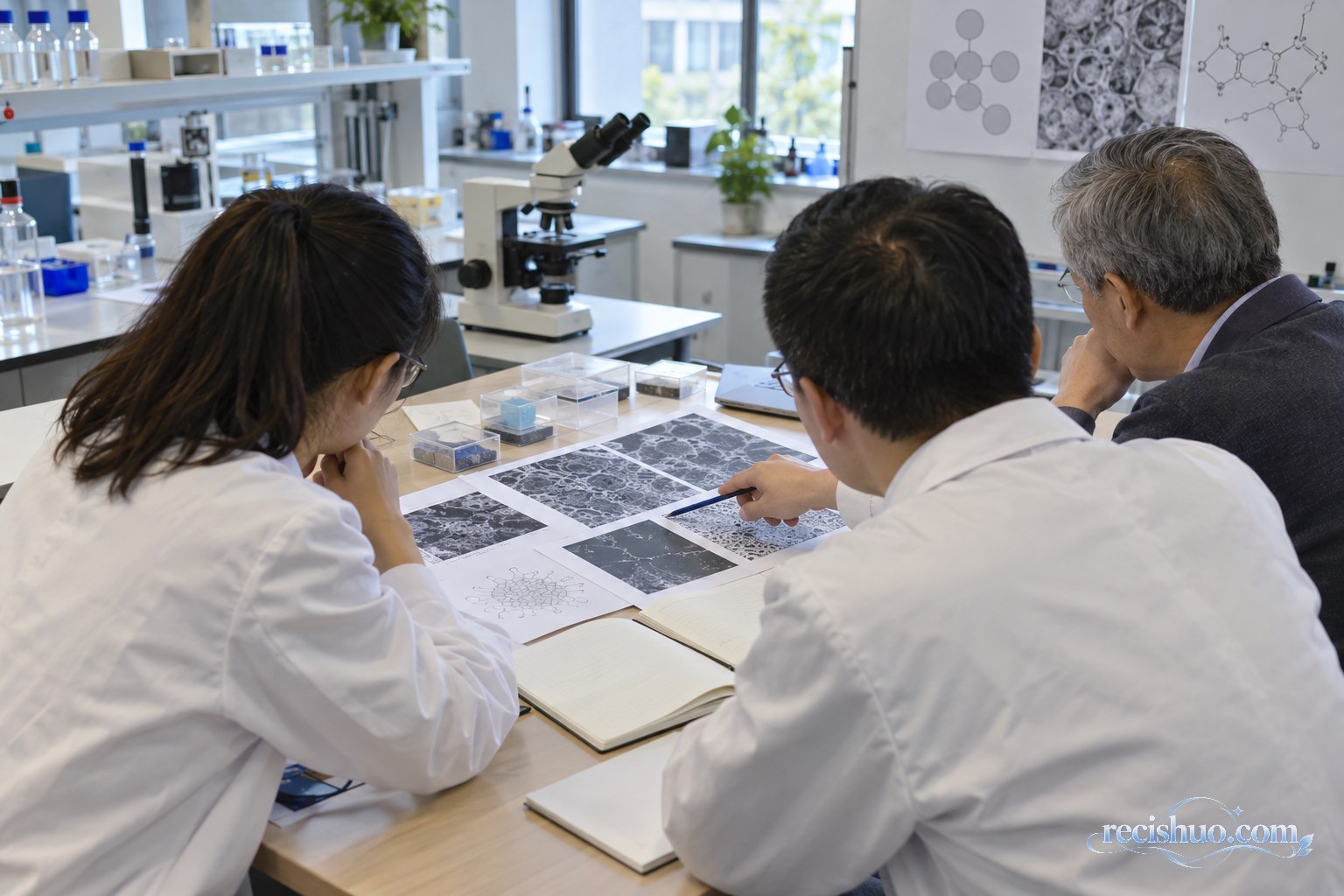 三名科研人员在实验室共同查看显微图像与实验材料