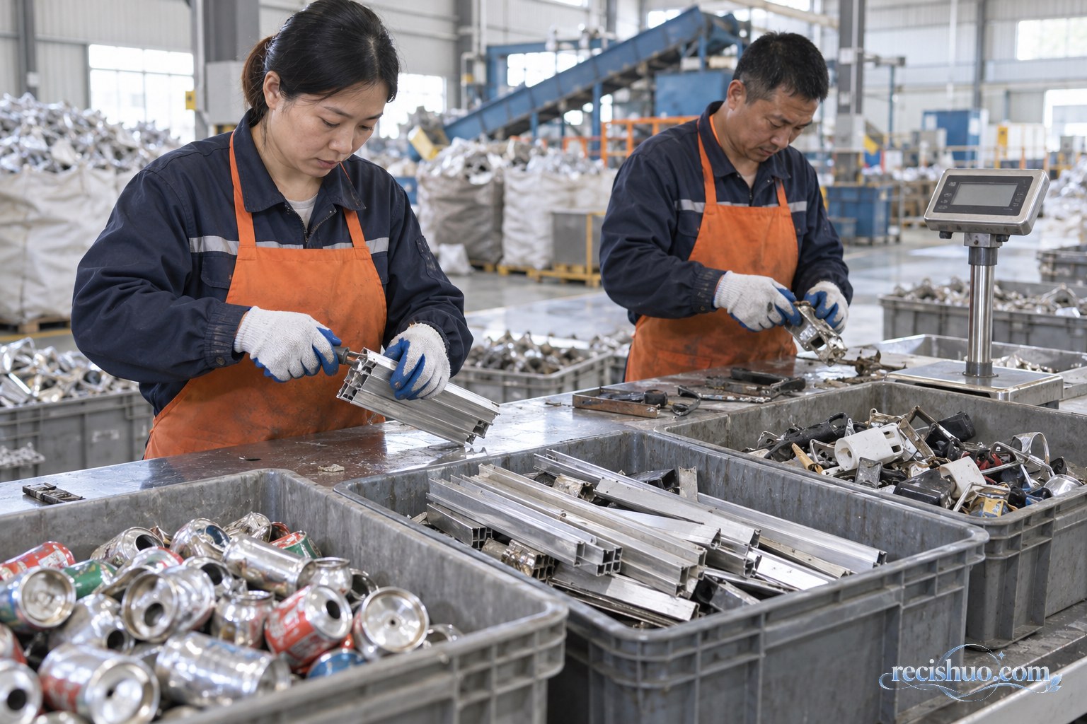 再生资源分拣车间内,两名工作人员正在拆除废铝型材附件并分类称重
