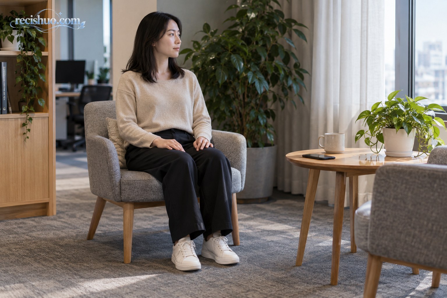 女性在办公室休息区双脚踏地，通过观察周围环境进行感官定位练习