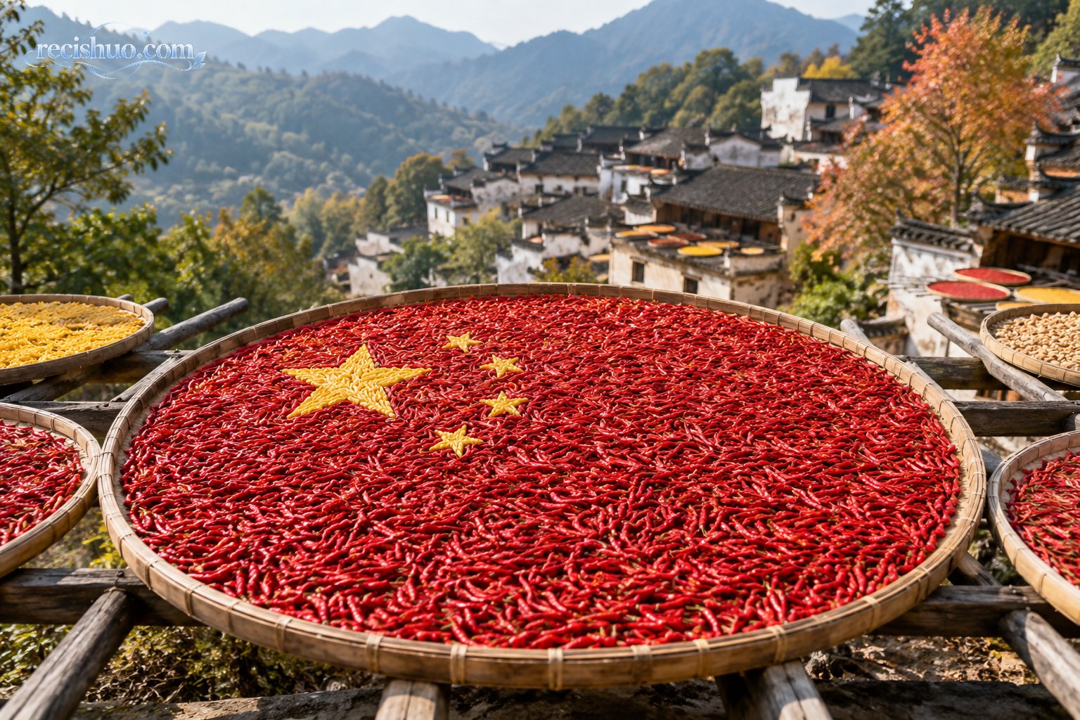 婺源篁岭晒场上由红辣椒和黄色农作物拼成的国旗图案