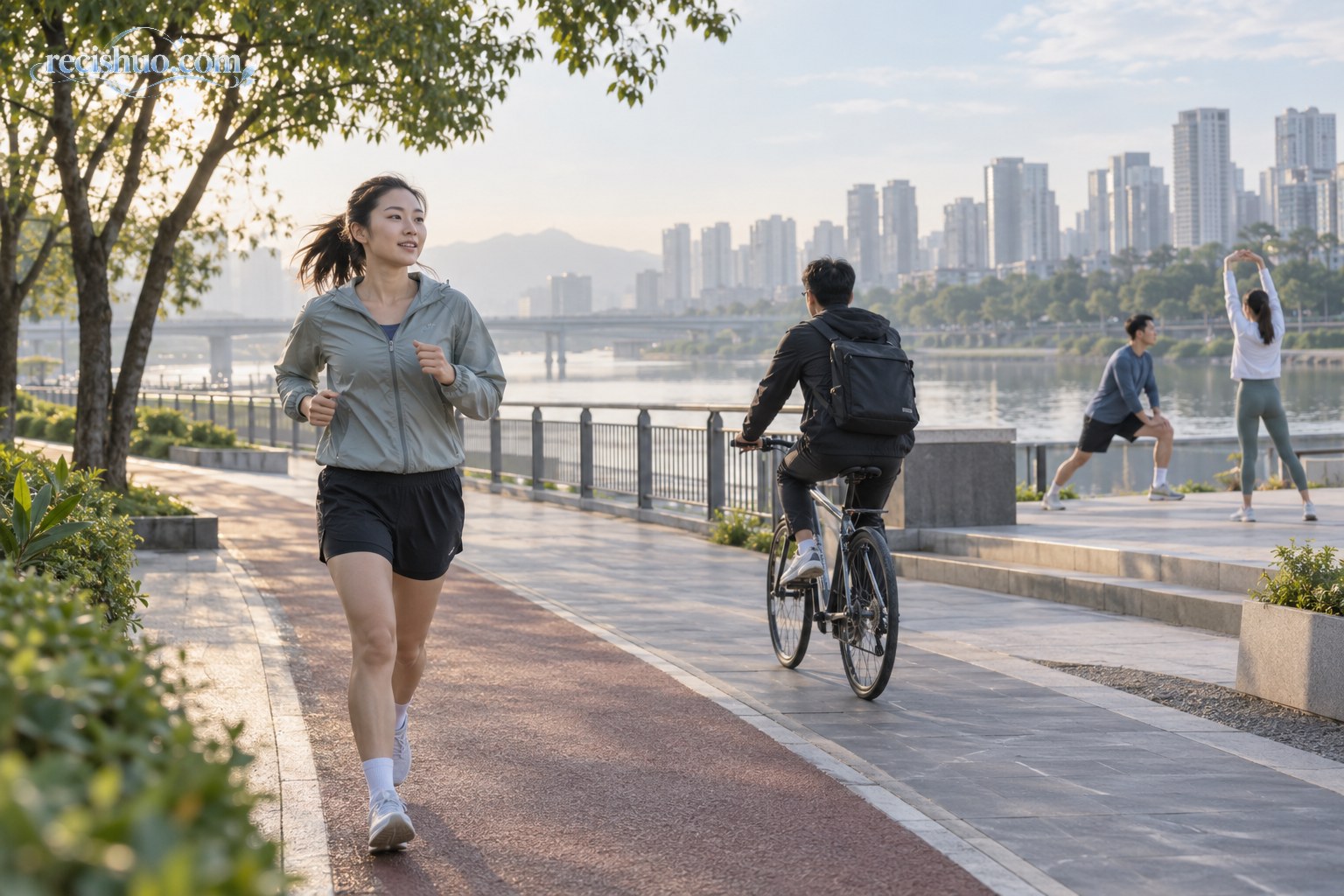 城市滨河步道上跑步、骑行和拉伸等多种日常运动场景