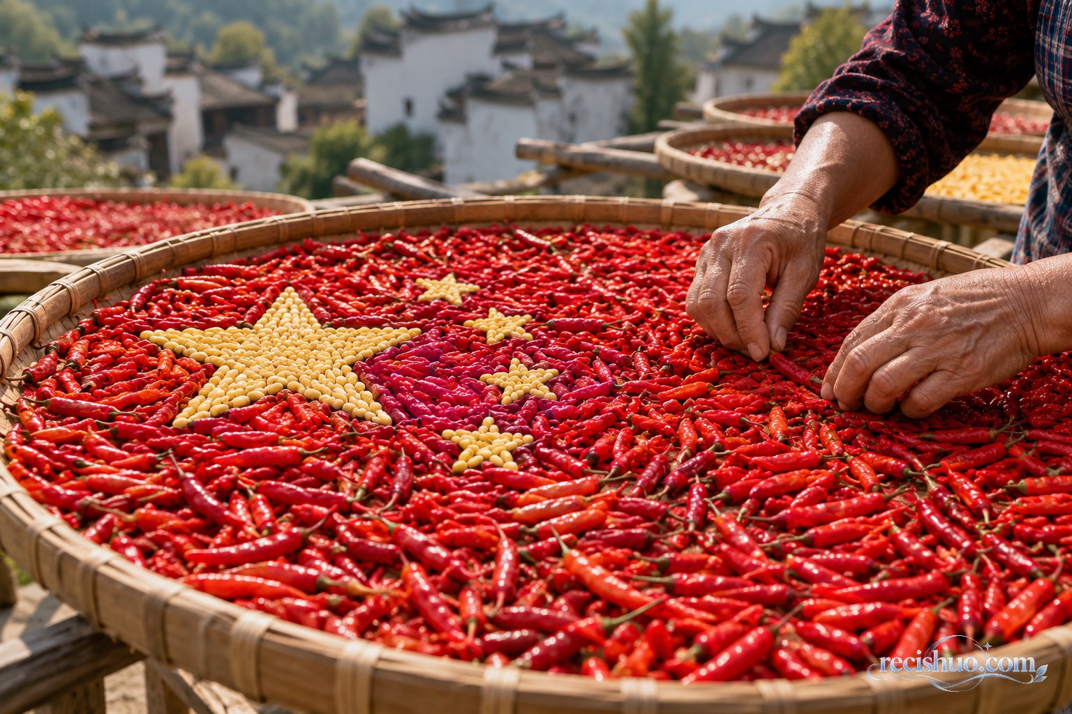 村民在竹匾上细致整理辣椒国旗图案的局部场景
