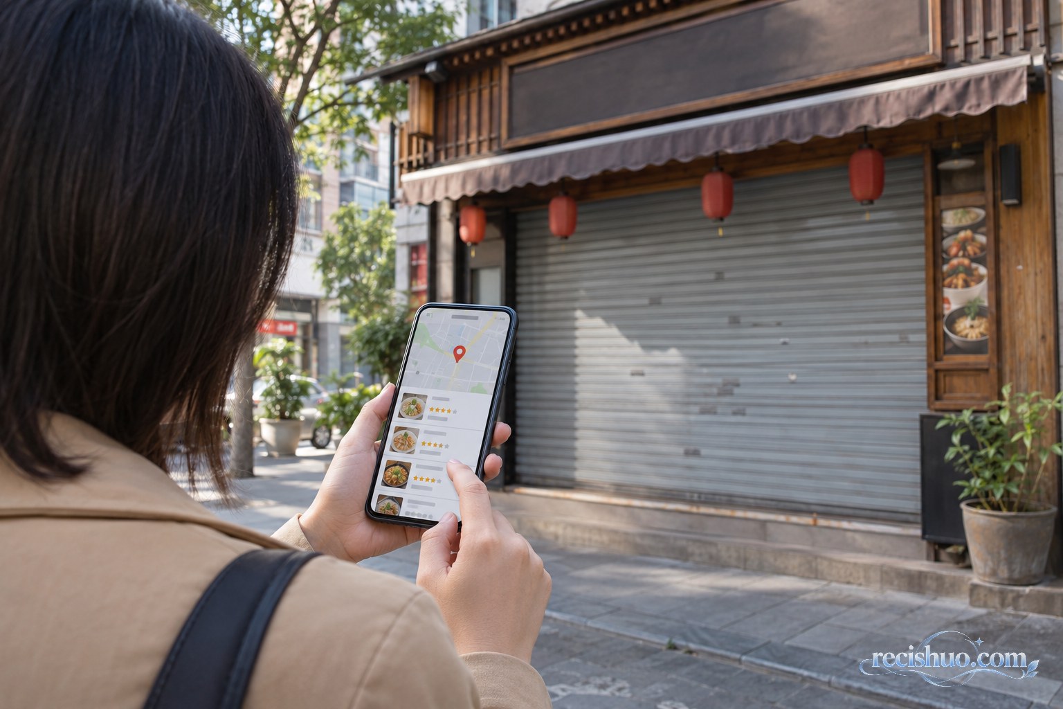 消费者在关闭的餐馆门前用手机核对位置与网络评价